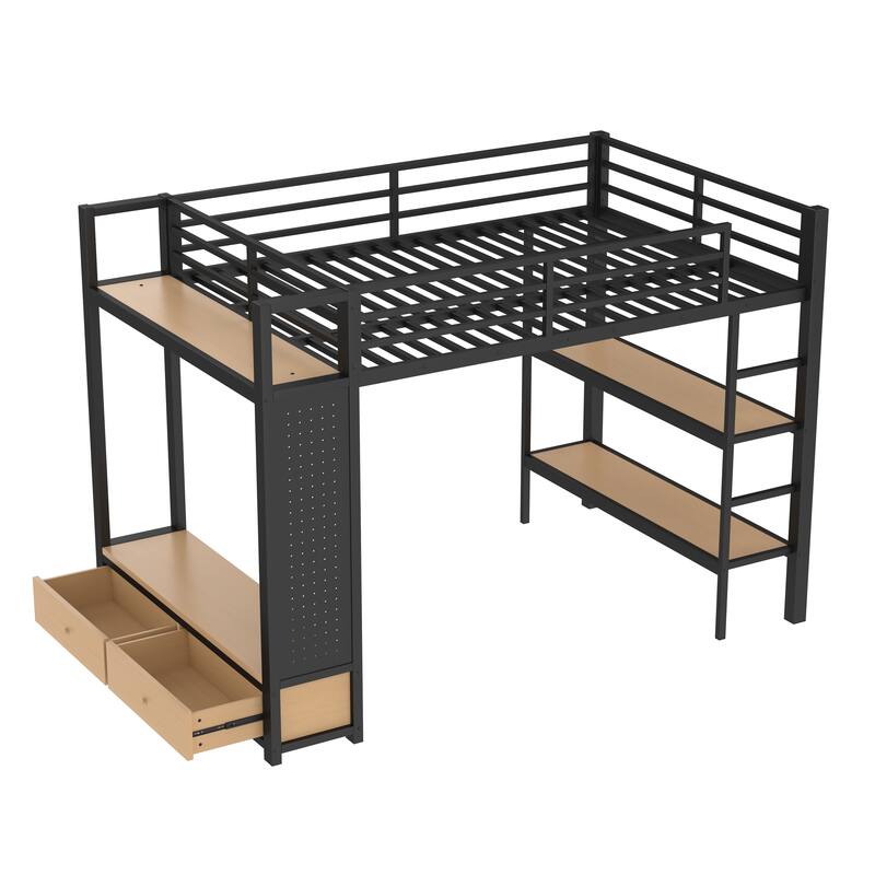 Roomfitters Full/Queen Size Metal Loft Bed Frame with Wardrobe, Storage Shelves & Pegboard, Space-Saving Functional Design