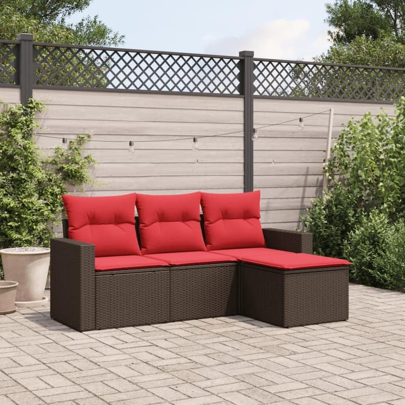 vidaXL Patio Sofa Set with Cushions Outdoor Conversation Furniture Poly Rattan - 25.8" x 24.4" x 27.2" - Brown and red without table