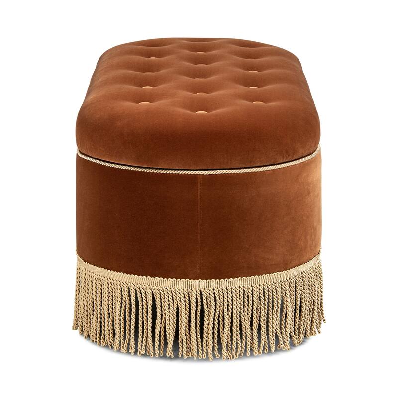 Melinda 48.5" Upholstered Tufted Oval Storage Bench with Bullion Fringe