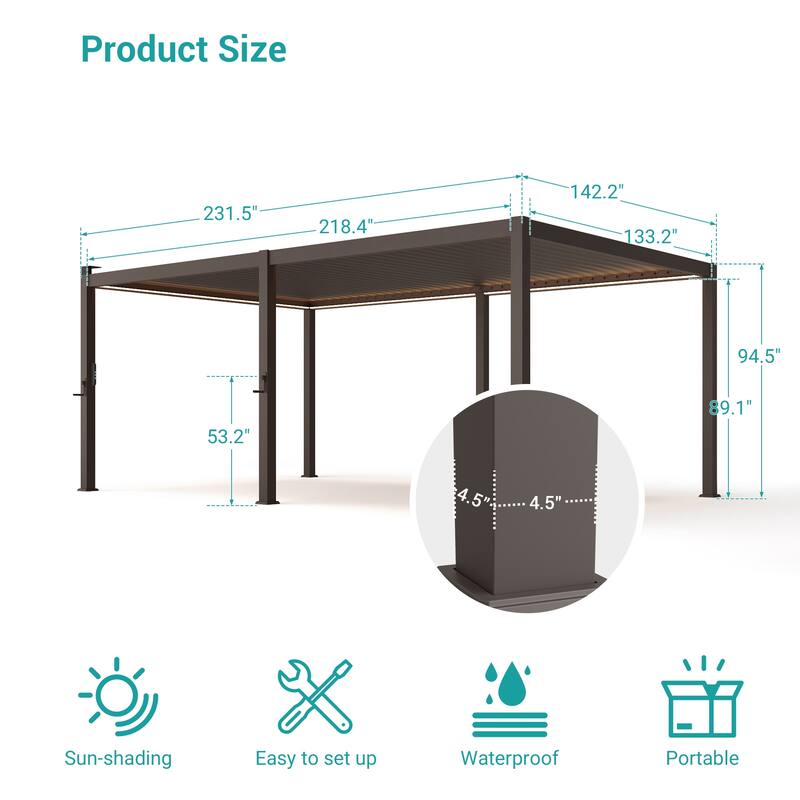 BONOSUKI Outdoor Aluminized Steel LED Louvered Pergola with Adjustable Roof, Brown