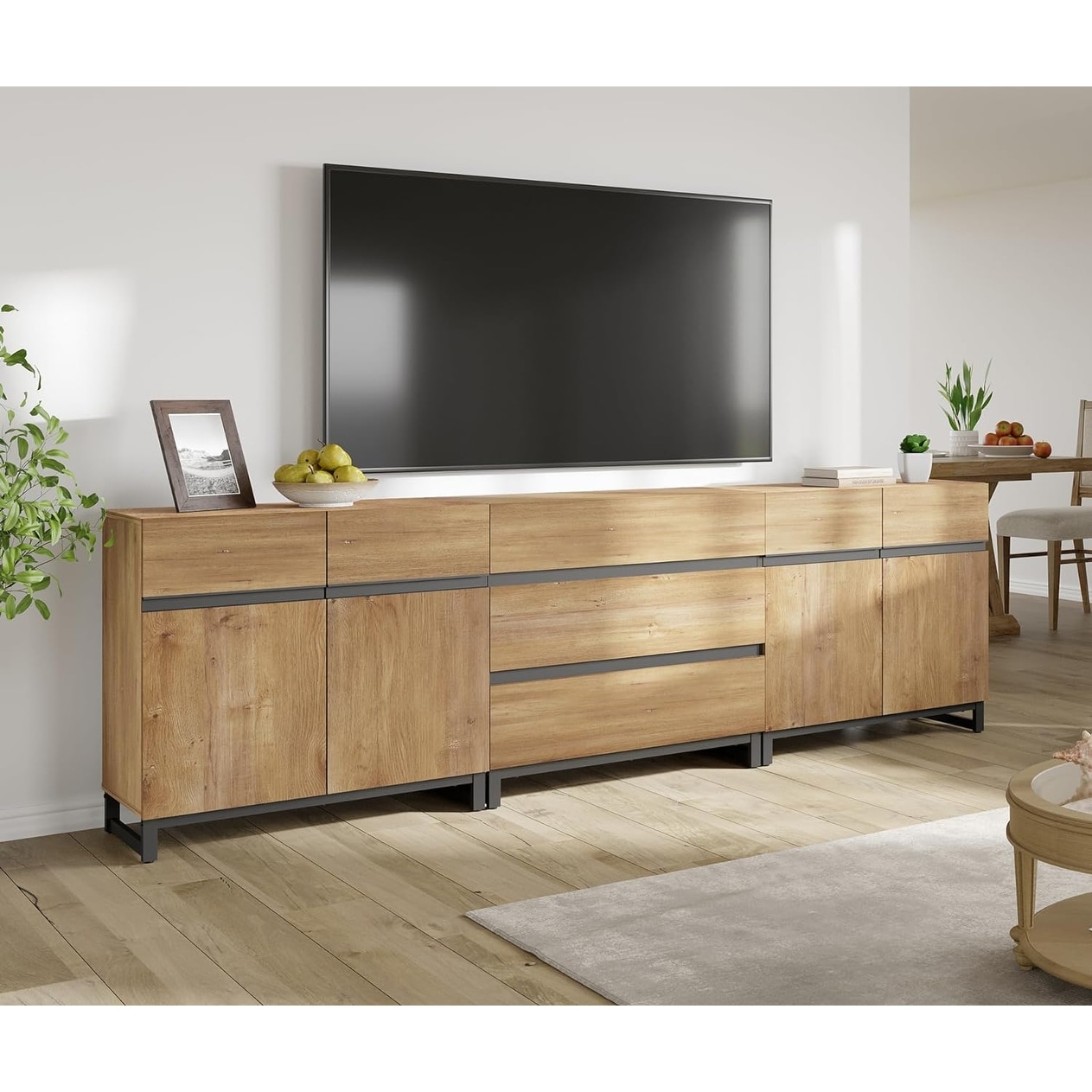 WAMPAT Modern TV Stand for TVs up to 100 inch, 3 in 1 TV Console with Adjustable Shelves and 3 Drawers for Living Room,Bedroom