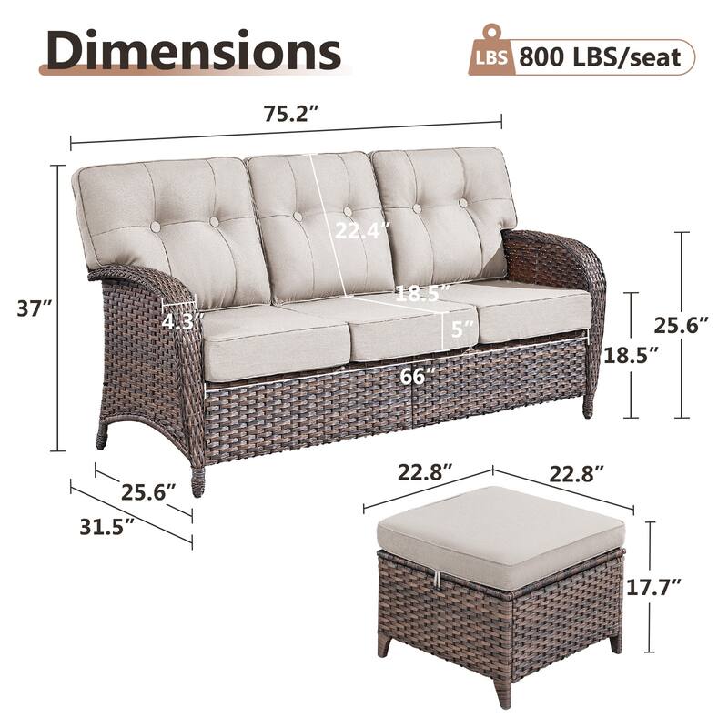 TWrap Brown Wicker Patio 3-Piece Sofa Set with 5-Inch Thick Cushions and 2 Ottomans