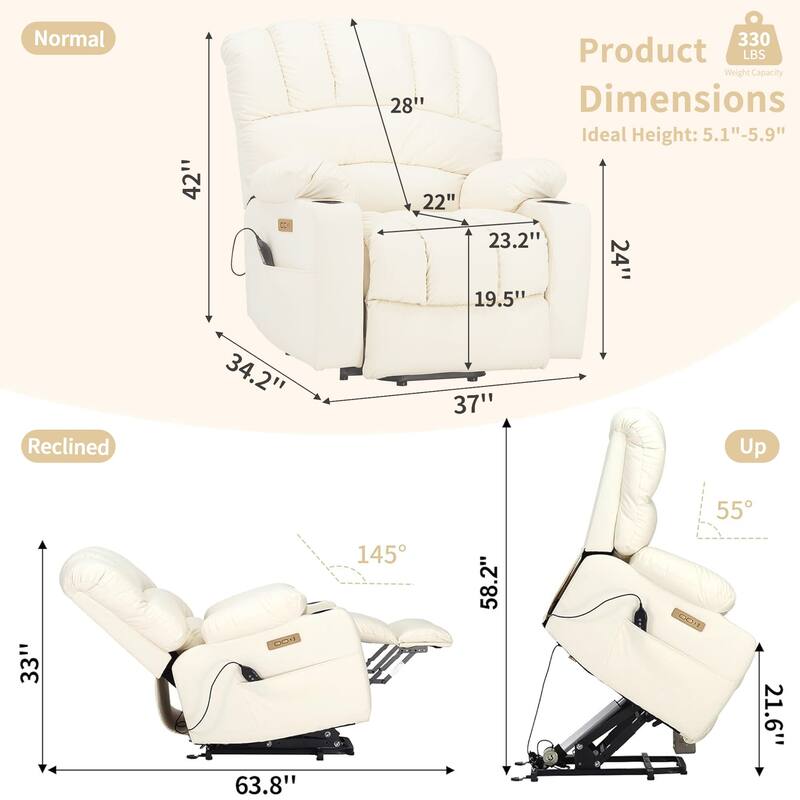Power Lift Recliner Chair, Oversized Shell Backrest Reclining Chair with Massage & Heat for Elderly