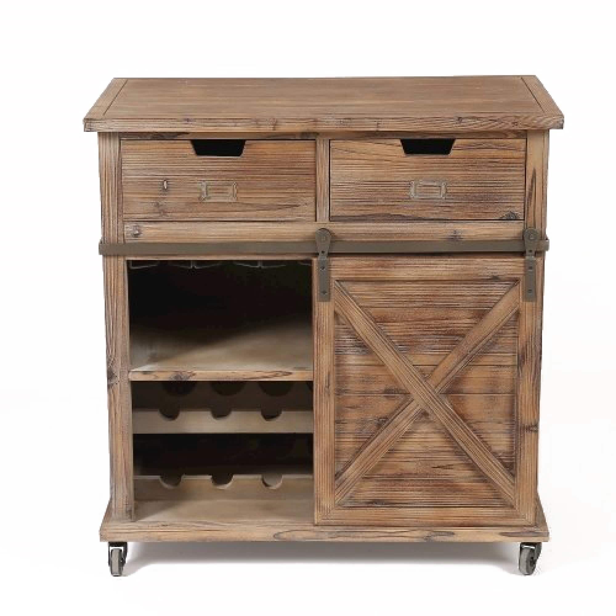 slide 1 of 10, Rustic Natural Wood Single Sliding Barn Door Wine Cabinet - 34.25" H x 33" W x 18" D