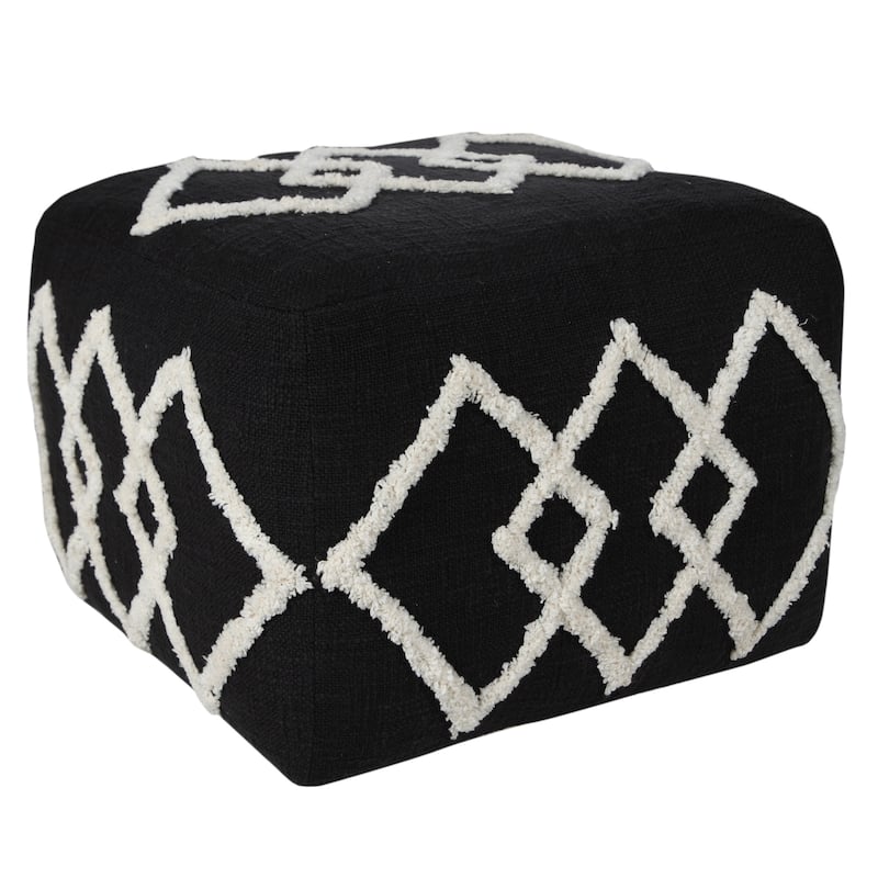 18" Black Cotton Geometric Pouf Ottoman for Living Room or Bedroom Decor