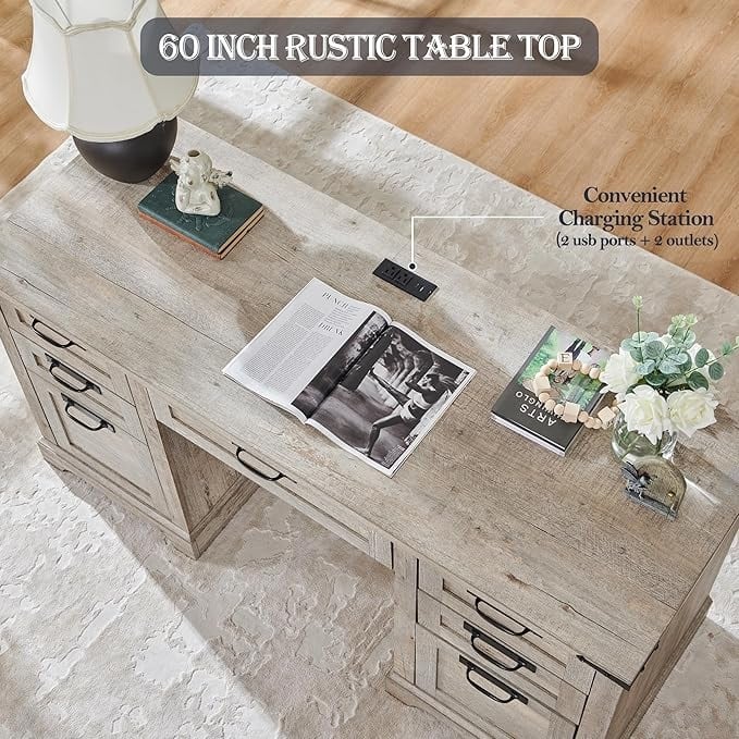 60" Farmhouse Executive Desk, Wood Home Office Desk, Computer Desk