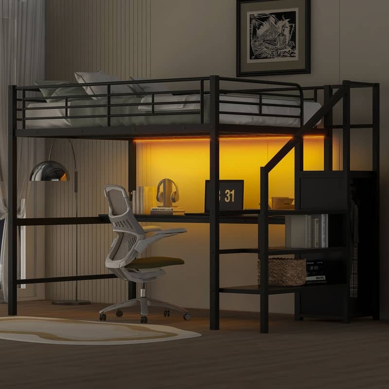 Full Size Metal Loft Bed with Desk, Storage Staircase, Small Wardrobe and LED Light,Black
