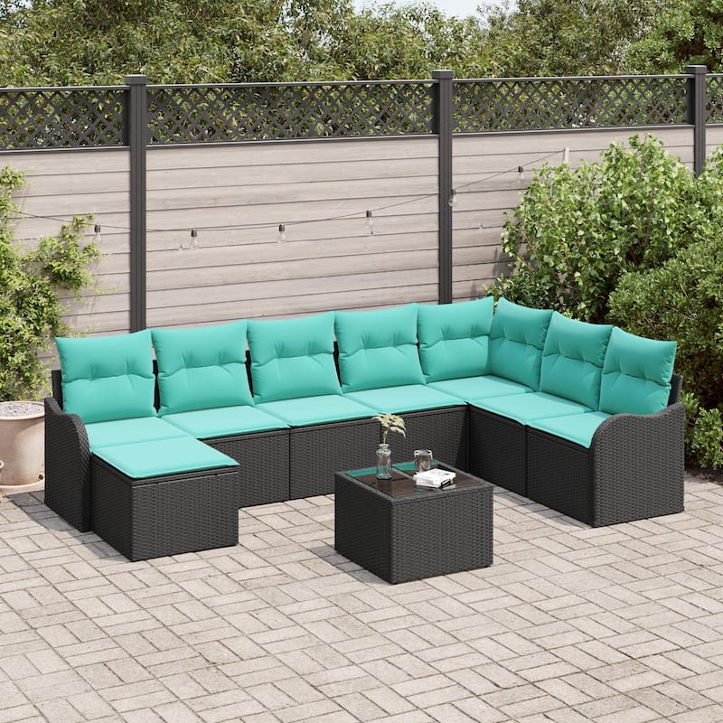 vidaXL 8/9 Patio Sofa Set with Cushions Black/Brown/Grey Poly Rattan - 113.2 x 69.9 x 27.2 - Black with table
