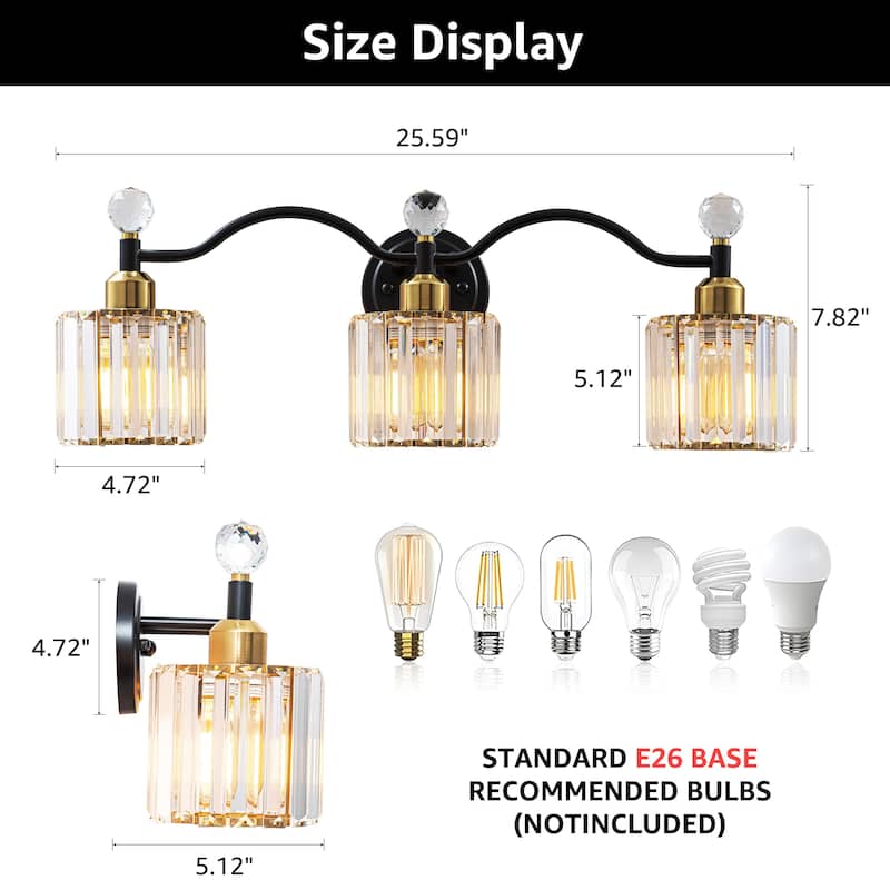 Starsky 3-Light Modern Crystal Bathroom Vanity Fixture with Ribbed Glass Shades and Sparkling Crystal Ball Accents