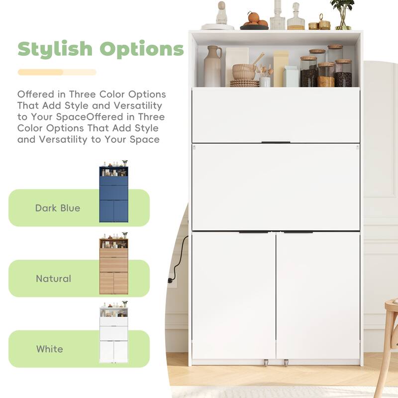 Compact Kitchen Pantry Storage Cabinet, 69" H Buffet Sideboard Server Table with Drop-Down Workstation & Power Outlet