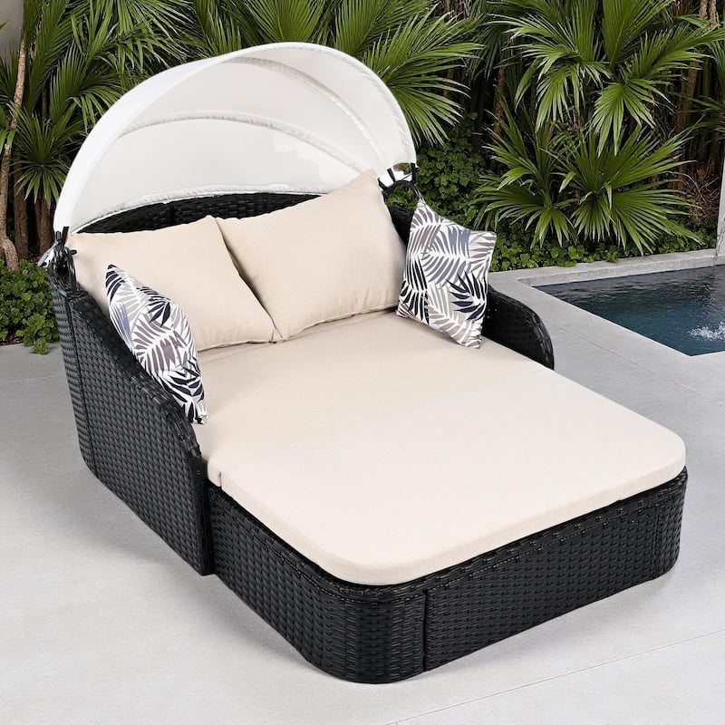79.9" Outdoor Patio PE Rattan Daybed Sunbed with Adjustable Canopy - Beige+Black