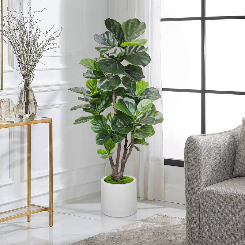 Artificial Fiddle Leaf Fig Tree in White Decor Pot, Faux Green Plant