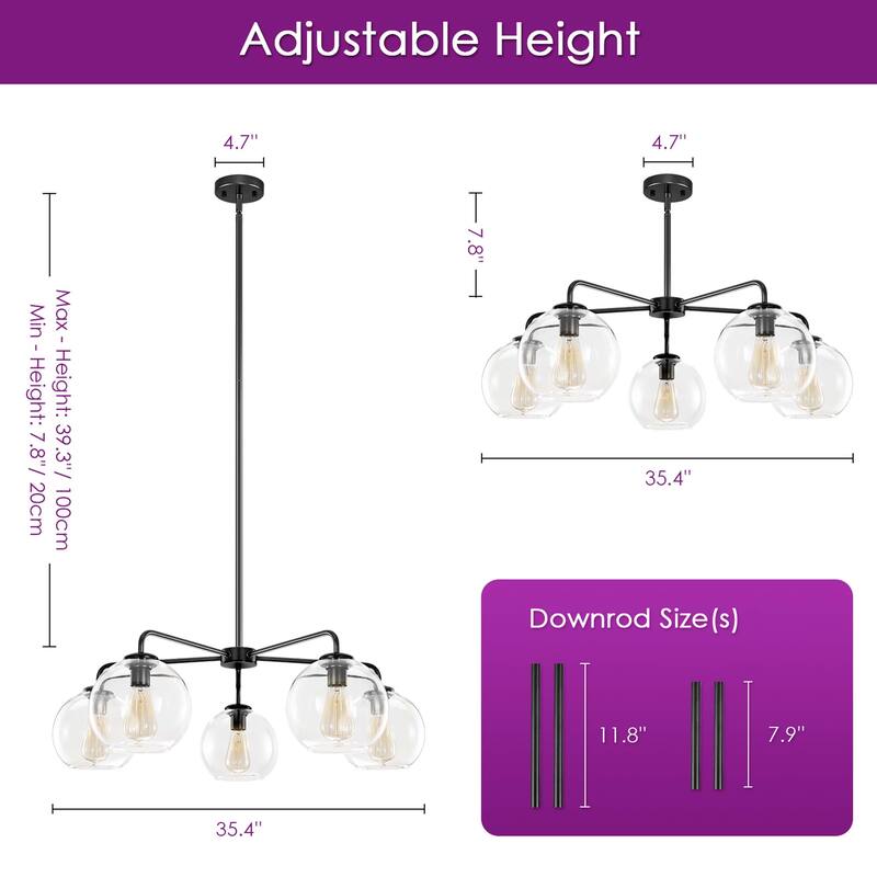 5-Light Modern Dimmable Sputnik Glass Globe Bubble Island Chandelier with Clear Glass Globe Shades