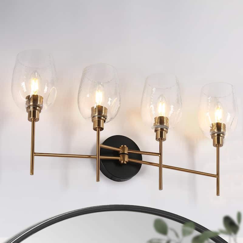 Denan Modern Glam Black Gold 4-Light Bathroom Vanity Lights Bedroom Wall Sconces with Textured Glass