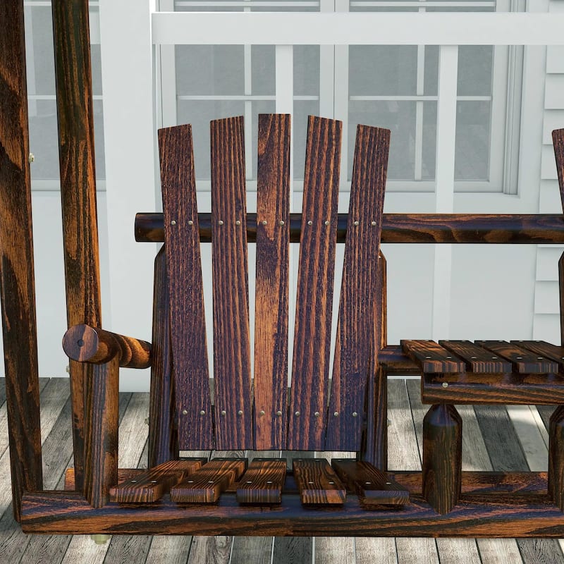 Wooden Porch Swing with Stand, 2-Seat Patio Swing Chair with Table