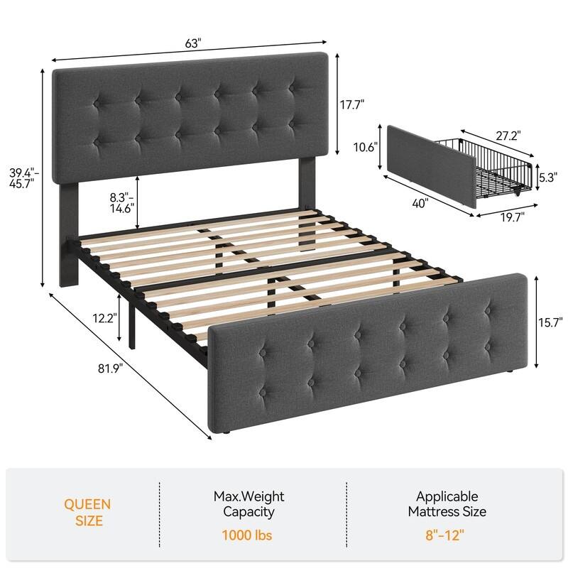 Upholstered Bed with 4 Drawers and Adjustable Button-Tufted Linen Headboard