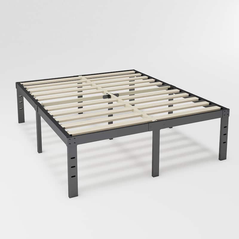 16 Inch Black Metal Platform Bed Frame With Wood Slats Support