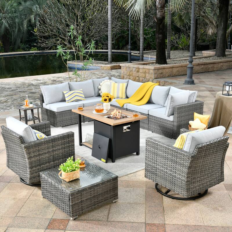 OVIOS Deep Seat Wicker 11-piece Sectional Set Swivel Chairs Fire Pit - Beige