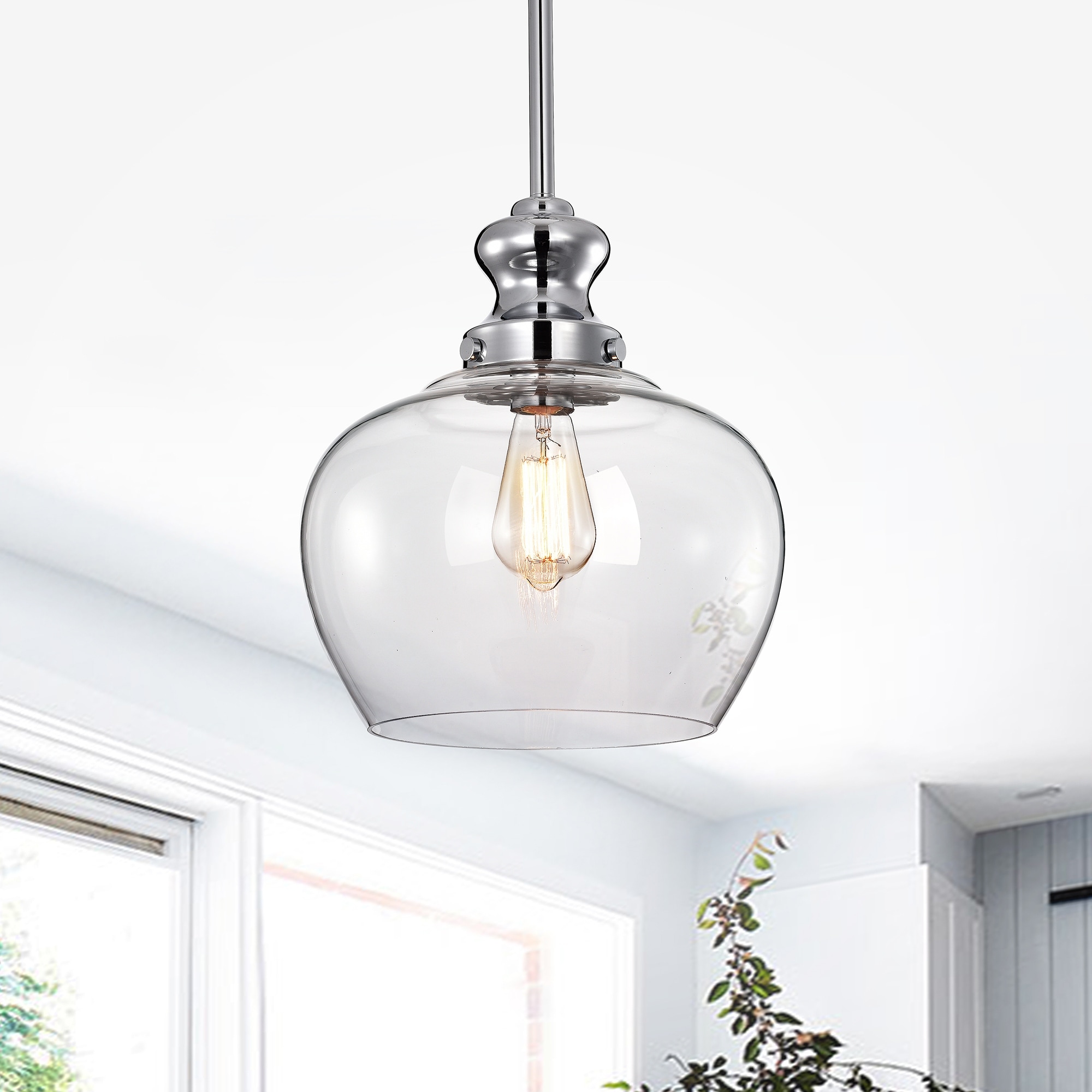 Warehouse of Tiffany Rayli Chrome 1-Light Clear Bowl Glass Pendant Light