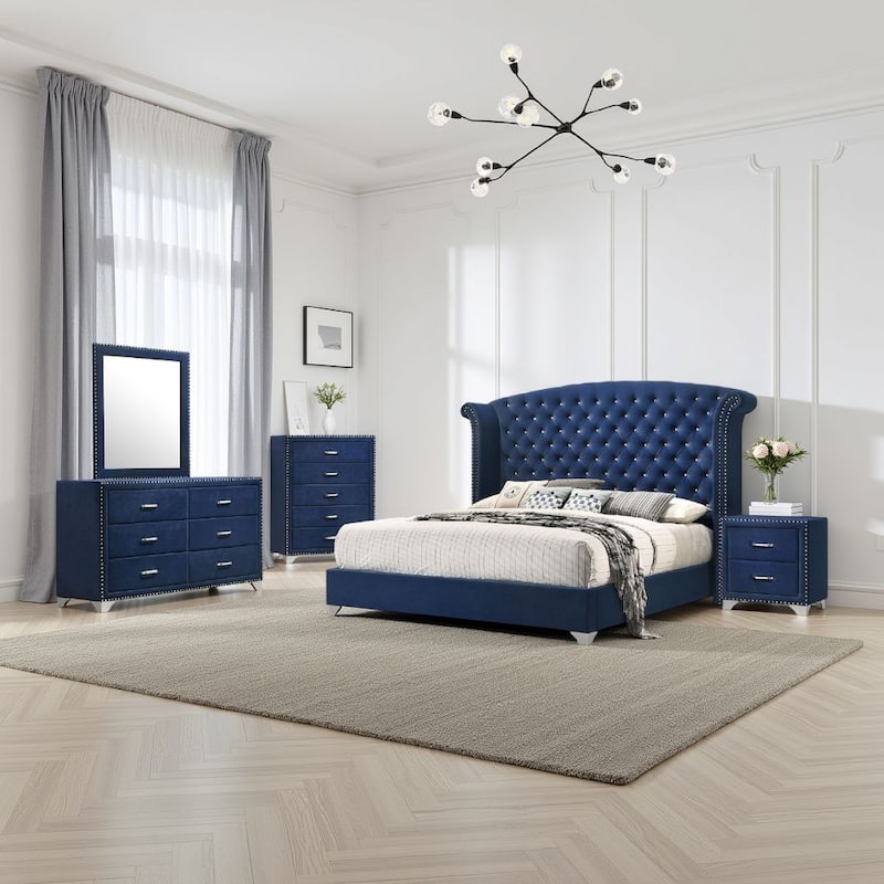 Giya 5pc Queen Bedroom Set, Classic Tufted Dark Blue Velvet Upholstery
