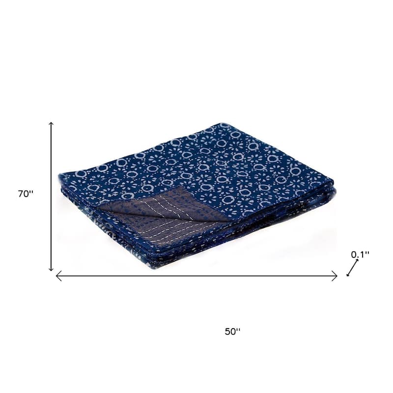 HomeRoots 50" X 70" Blue And Off White Geometric Cotton Quilted Kantha Throw Blanket with Embroidery