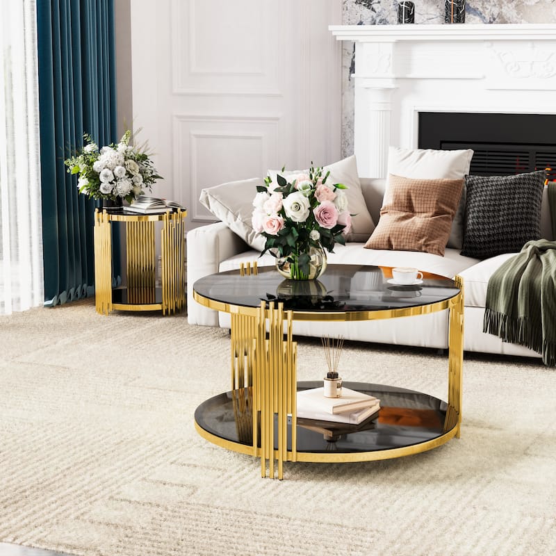 Living Room Table Set of 3, with 1 Coffee Table and 2 End Tables, Round, Tempered Glass, Asymmetrical Metal