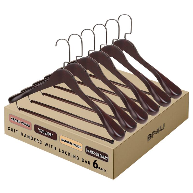 BP4U Premium Wide Shoulder Wooden Suit Hangers, Heavy-Duty Non-Slip Solid Wood Coat Hangers with Locking Bar - 6-Pack - Dark Cherry