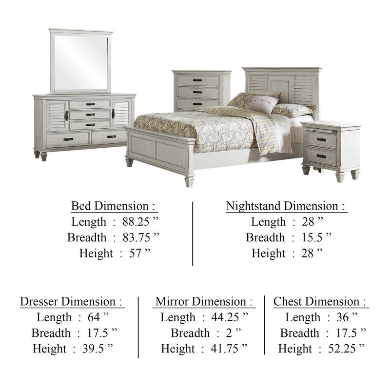 Eli 5 Piece King Size Bedroom Set, Rustic White Wood, Dresser Chest