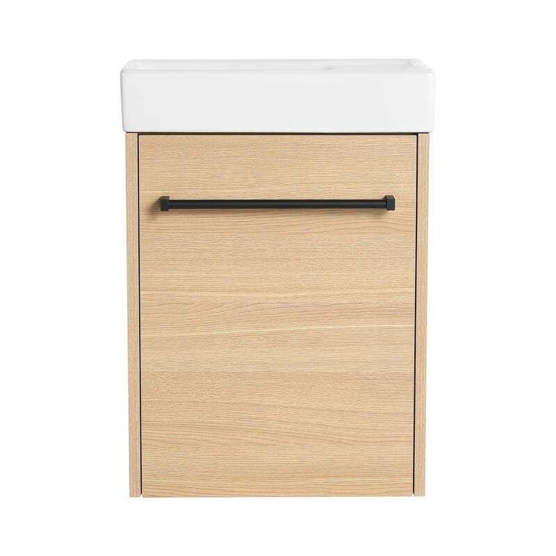 16" Wall-Mounted Bathroom Vanity with Carrara White Ceramic Sink, Soft-Close Doors, and Ample Storage