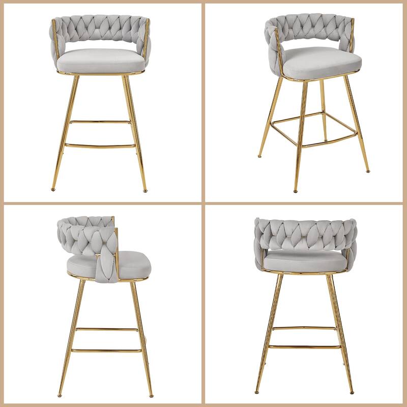 VECELO Counter Height Bar Stools with Woven Backrest 26.77" Seat Height Mid-Century Modern Upholstered Bar Chairs for Kitchen