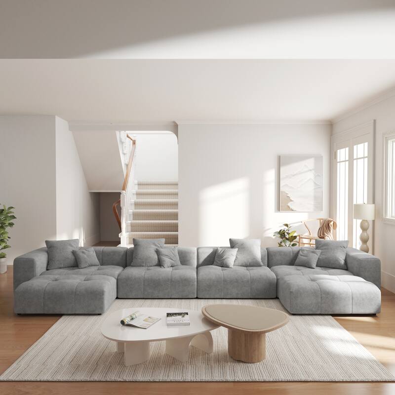 183.54" Linen Sectional Sofa U-shaped Modular Couch Wide Armrest Sofa with Pillows for Living Room
