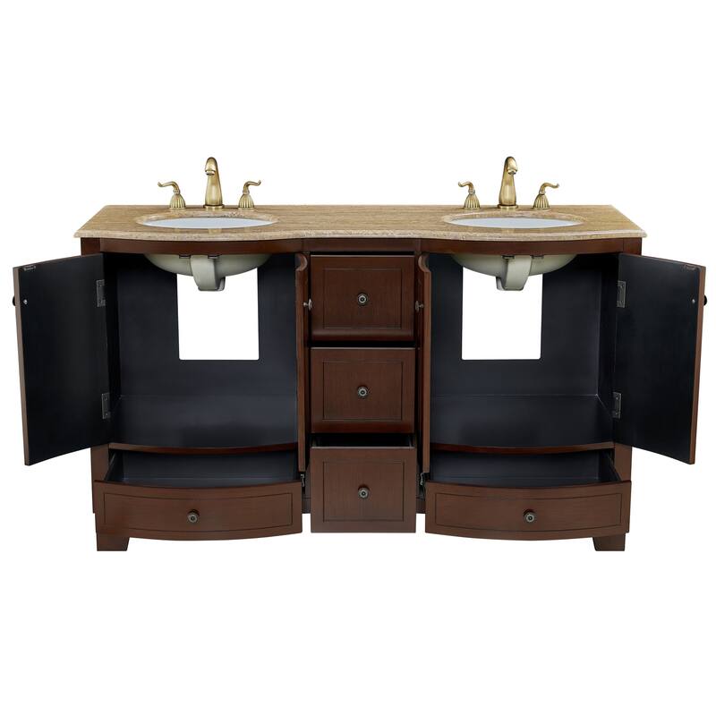 60 in. W x 22 in. D x 36 in. H Dark Cherry Bath Vanity with Double Sink and Brown Travertine Top, Ample storage