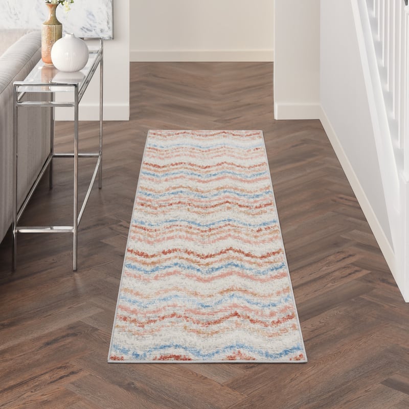 Nourison Elation Chevron Abstract Modern Area Rug - 2'3" x 7'6" Runner - Ivory Multicolor - Rectangle