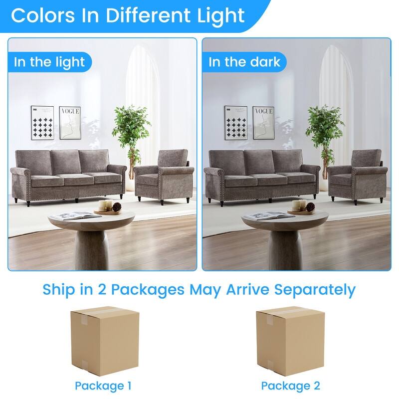 Mixoy Chenille Fabric 3-Seater Sofa Couch with Single Sofa Chair with Rivet Design,Solid Wood Gourd Legs for Living Room - 3+1