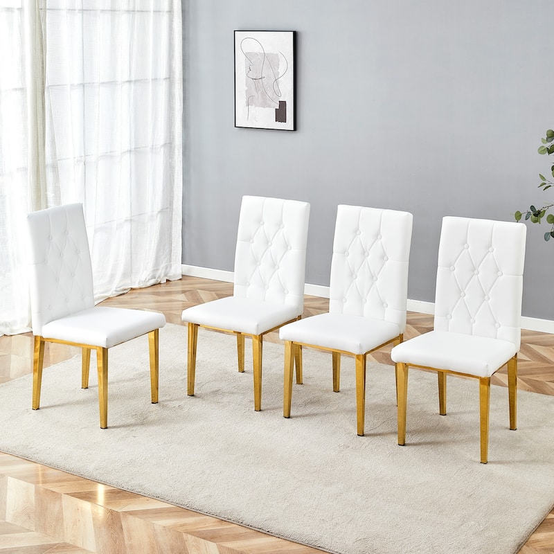 Anmytek Set of 4 White Ergonomic Dining Chairs Grid Buckle Back Design Gold Metal Legsfor Dining Room Banquet - Dining Height - White - Set of 4