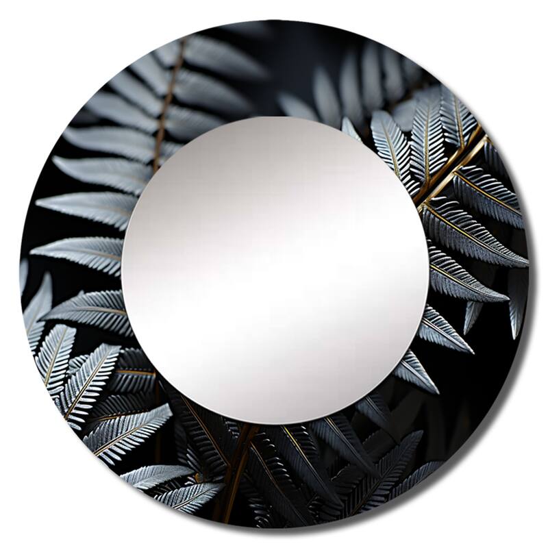 Designart "Monochromatic Fern Fronds" Plants Round Office Mirror - Grey Traditional Mirror For Wall Décor