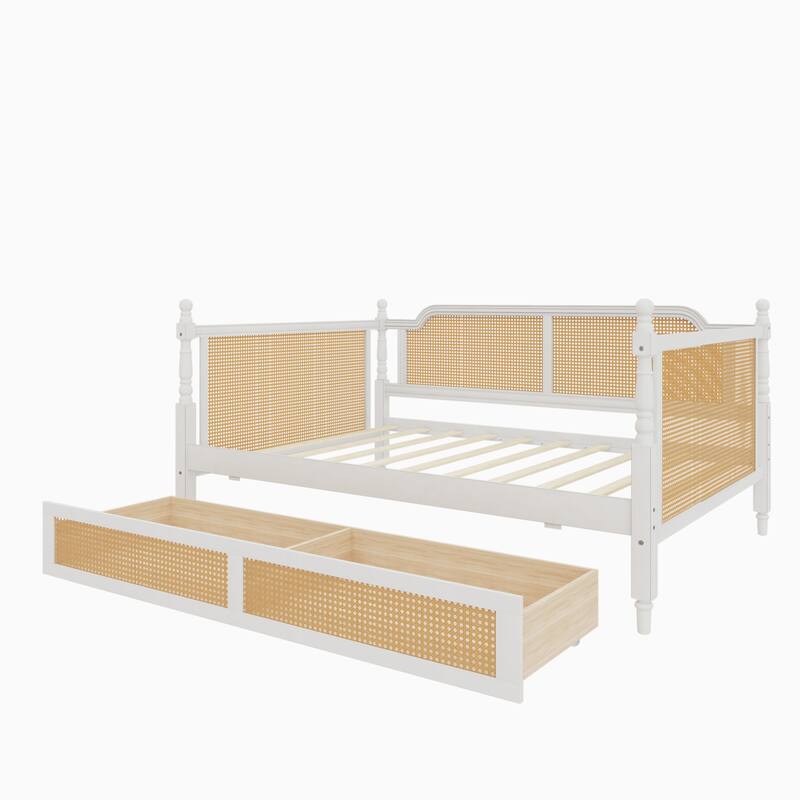Twin/Full Rattan Bed Frame with 2 Storage Drawers & Curved Headboard, Wood Bedframe Daybed for Limited Space, Bedroom Guest Room