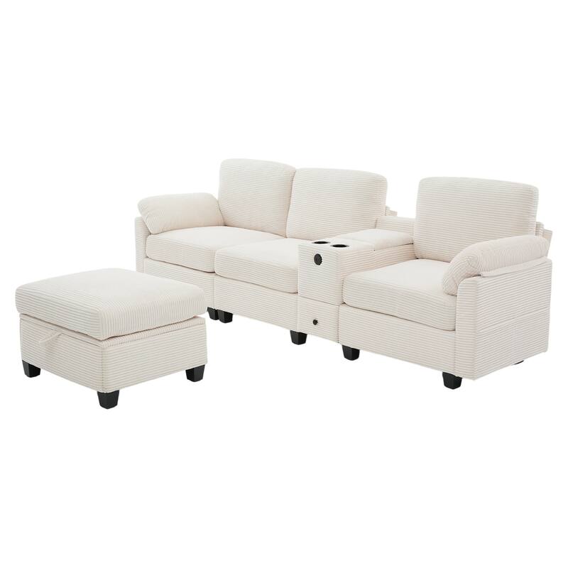 HOMEFUN Corduroy Upholstered L-Shaped 4-seater Storage Multifunctional Sectional Sofa with Storage Ottoman,Cup Holder and USB
