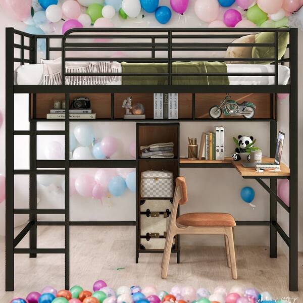 slide 2 of 13, Modern Full Size Loft Bed With L -shaped Desk And Shelves,Metal&Wood for Bedroom Black