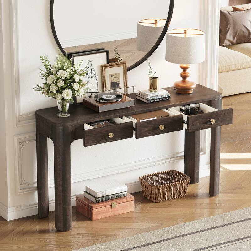 Console Table with Curved Corners for Safety, Entryway Table with 3 Concealed Drawers, Sturdy Sofa Table with Thick Legs
