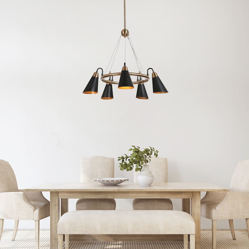 Modern 5-Light Black Gold Chandelier Wagon Wheel Pendant Lights with Metal Shades - 23.5"L x 33.5"H