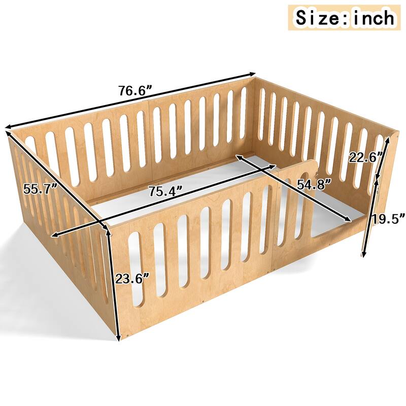 Full Size Floor Bed with High Fence for Kids, Solid Wood Kids Montessori Bed with Door, No Box Spring Needed Design