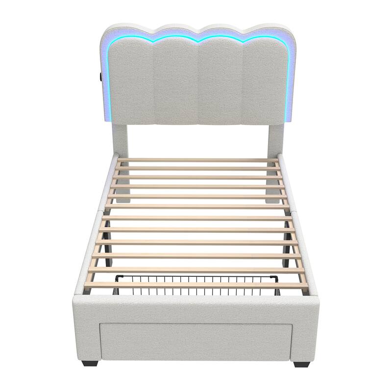 Moasis Lamb Wool Bed Frame with 2 Drawer, Adjustable Headboard with Charging Station and LED Lights