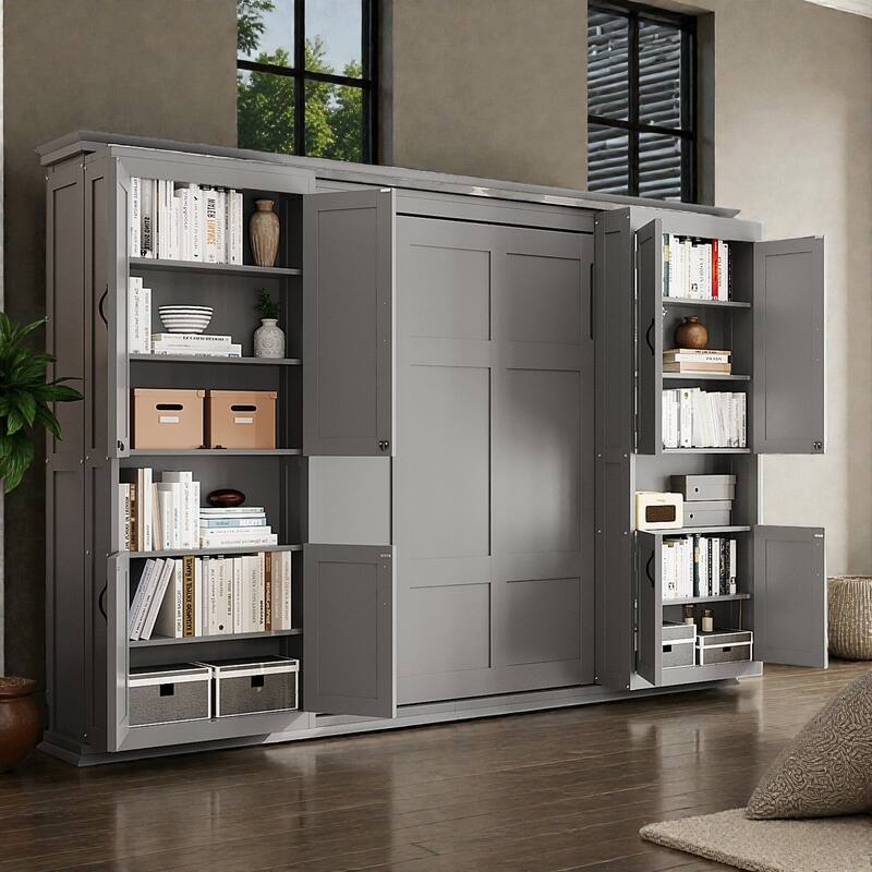 Queen Murphy Bed with Sliding Storage Cabinets, Dual 6-Tier Shelves, Space-Saving Hidden Wall Bed