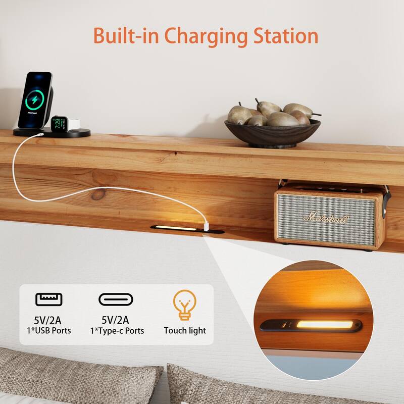 Queen Bed Stand With Charging Station All-Wood Bed Frame, Rustic Bed Frame With Storage Headboard And Built-In Charging Station