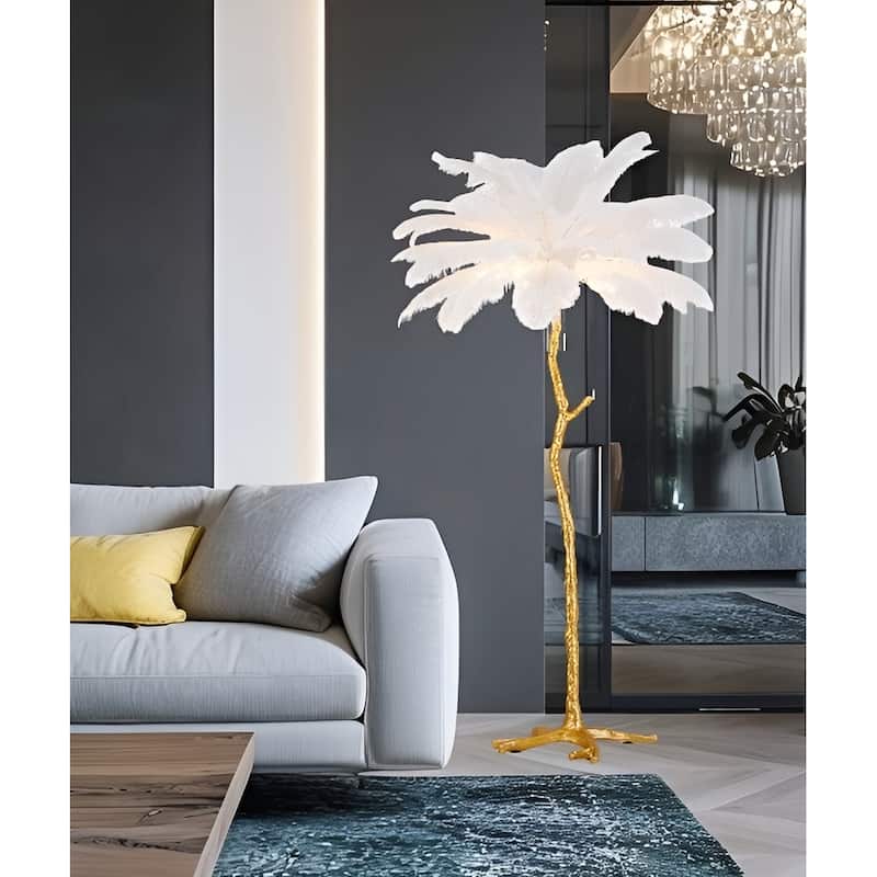 5-Light 35" Wide Novelty Golden Tree Branch LED Floor Lamp with White Ostrich Feather Shades