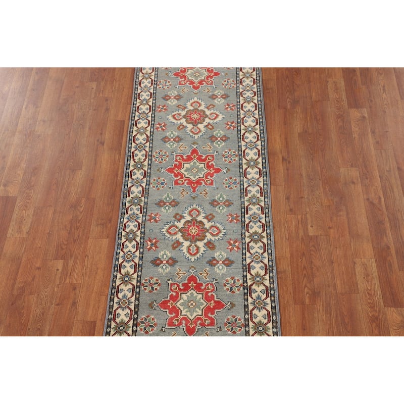 Gray Geometric Kazak Oriental Runner Rug Hand-Knotted Wool Carpet - 2'2" x 6'0"