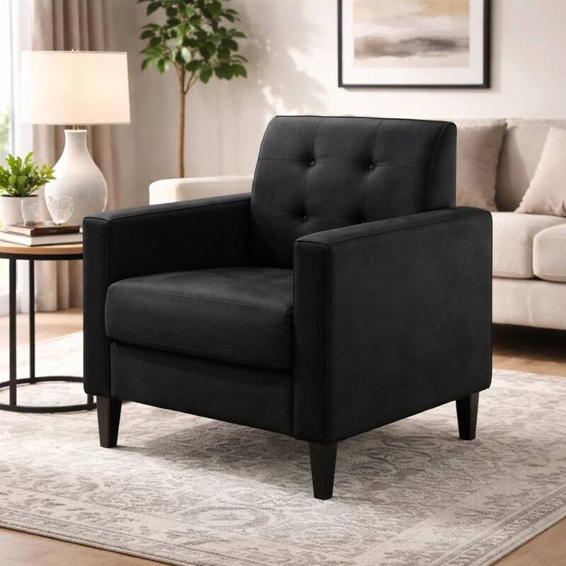 Oz 28 Inch Modern Accent Armchair with Foam Cushion, Tufted Black Velvet