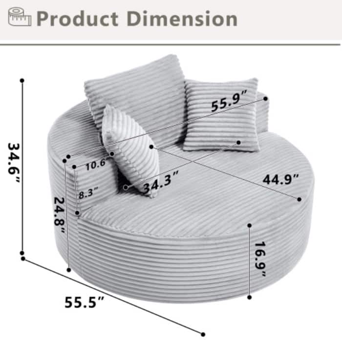 Round Memory Foam Sofa Bed, Cloud Sectional Couch with 3 Pillows for Living Room