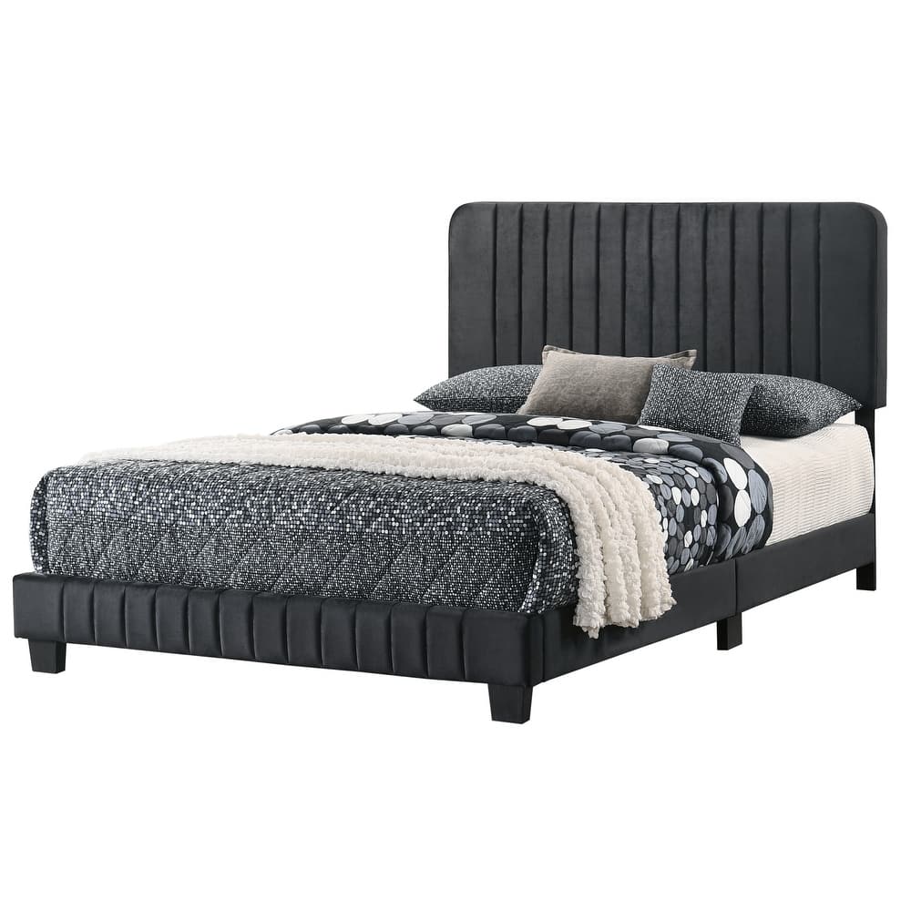 Full Size Velvet Channel-Tufted Platform Bed with Contemporary Design and Wooden Slat Support